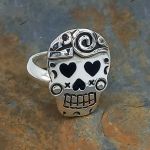 Day of the Dead Candy Skull with Hearts Silver Ring