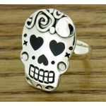 Day of the Dead Candy Skull With Hearts Silver Ring