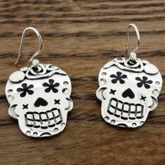 Handmade Day of the Dead Candy Skull with Flowers Silver Earrings
