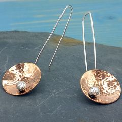 Long copper Disc Silver Earrings