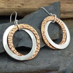 Hammered Coper Silver Duo Circle Earrings