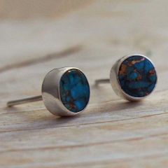Turquoise Bronze Flat Round Silver Studs