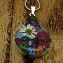 Teardrop Silver Pendant with Real Pressed Flowers