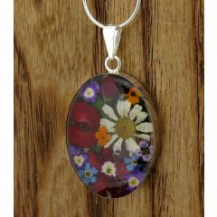 Silver Oval Pendant with Poppy, Daisy & Mixed Flowers