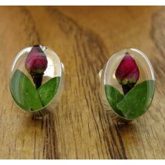 Oval Rose Silver Stud Flower Earrings