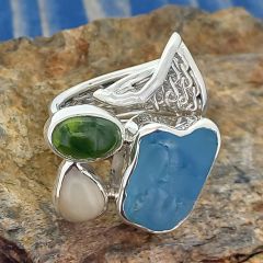 Unsual sterling silver stone ring with opal, topaz & peridot