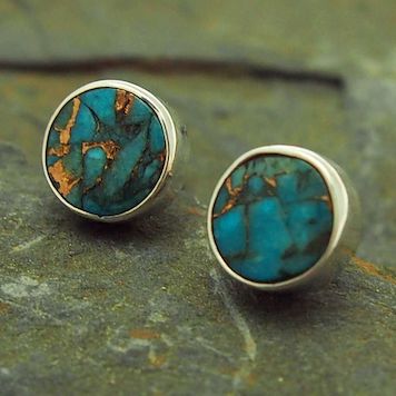 Turquoise Bronze Flat Round Studs - Silver Bubble